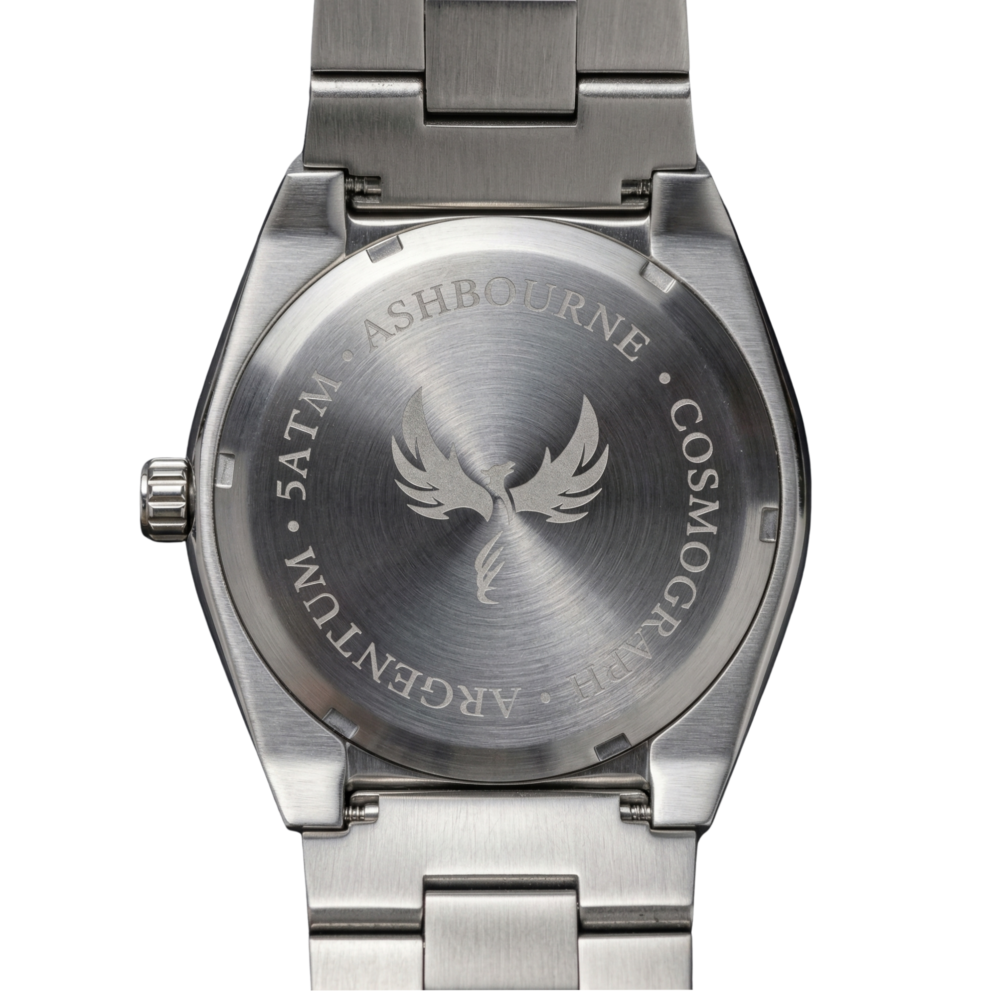Achterzijde van het Ashbourne Argentum herenhorloge met gravure van het Ashbourne-logo en de modelnaam.