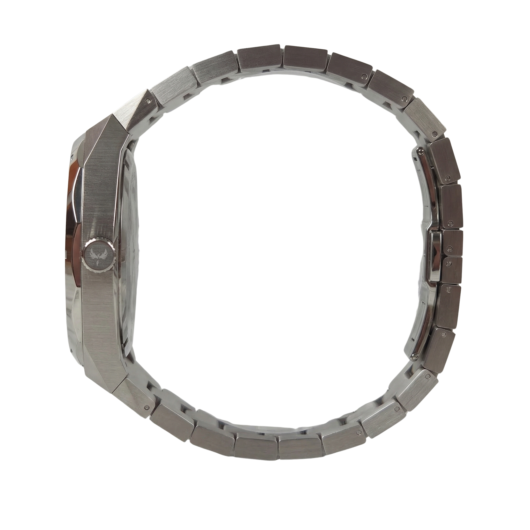 Zijaanzicht van het Ashbourne Argentum zilveren herenhorloge met gegraveerd Ashbourne-logo op de kroon.