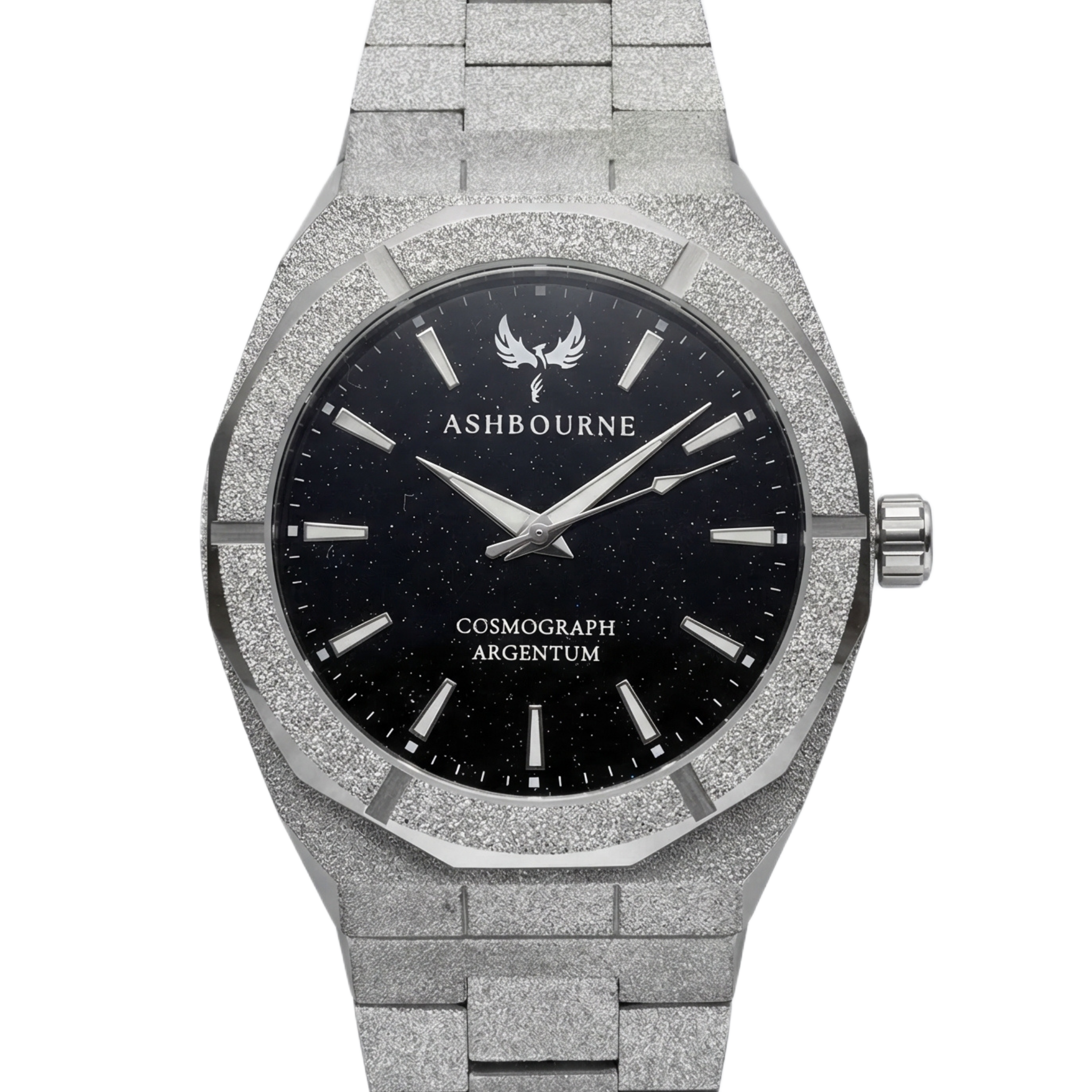 Ashbourne Cosmograph Argentum luxe zilveren herenhorloge met Deep Blue Stardust wijzerplaat, vooraanzicht.