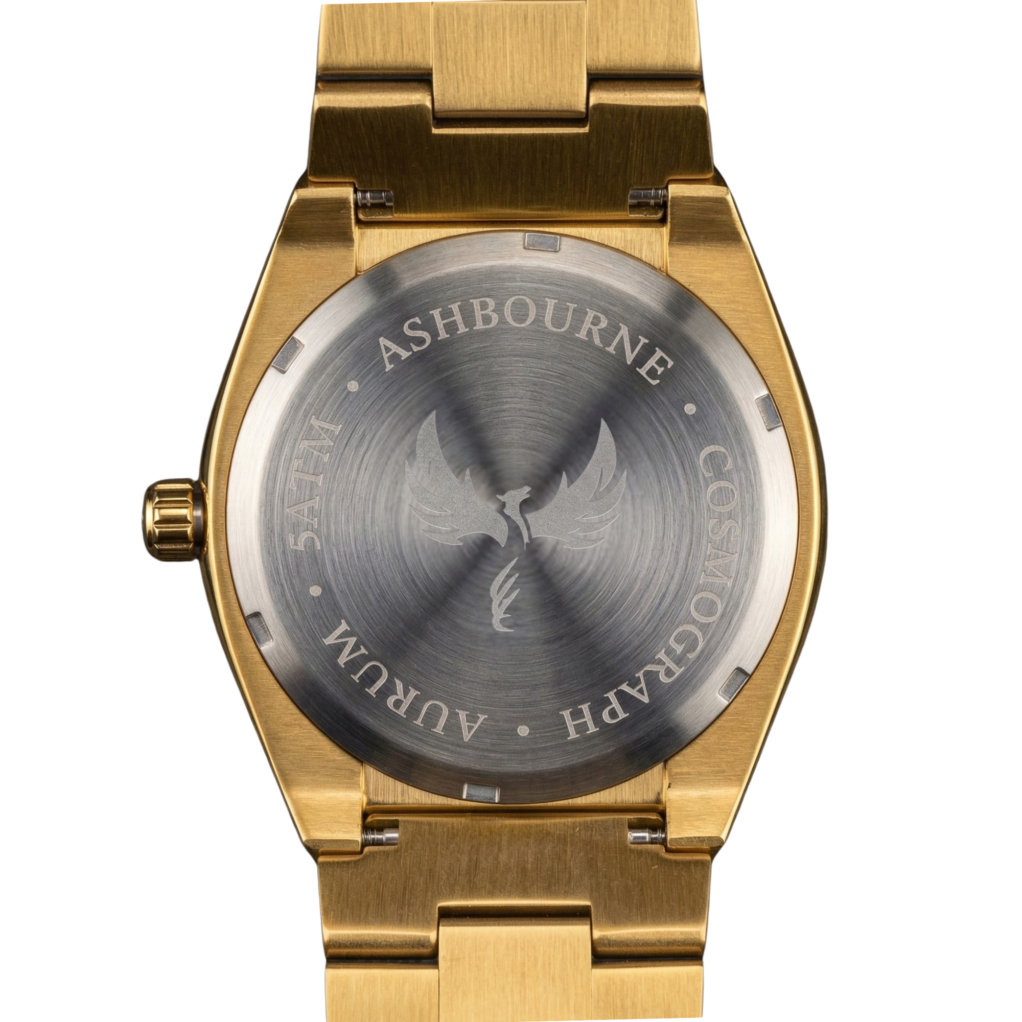 Achterzijde van het Ashbourne Aurum herenhorloge met gravure van het Ashbourne-logo en de modelnaam.