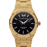 Ashbourne Aurum luxe gouden herenhorloge met Deep Blue Stardust wijzerplaat, vooraanzicht.