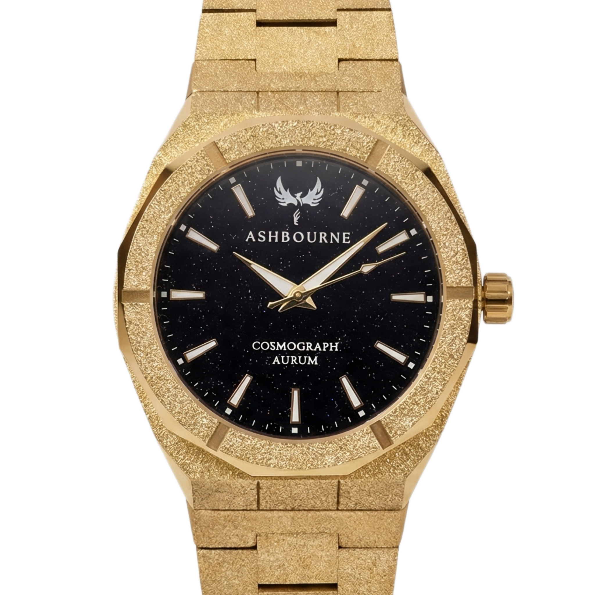 Ashbourne Aurum luxe gouden herenhorloge met Deep Blue Stardust wijzerplaat, vooraanzicht.