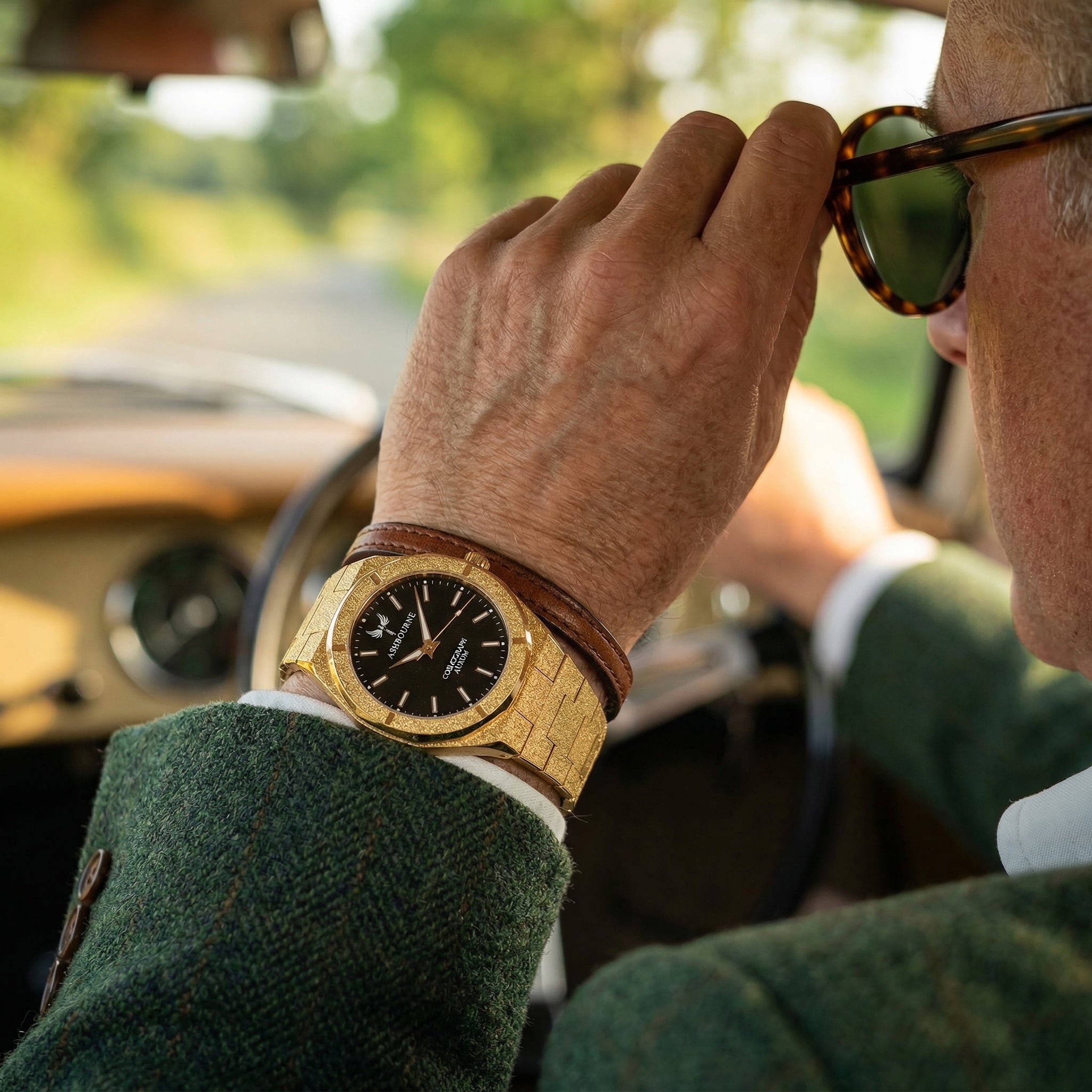 Ashbourne Aurum luxe gouden herenhorloge gedragen om de pols.