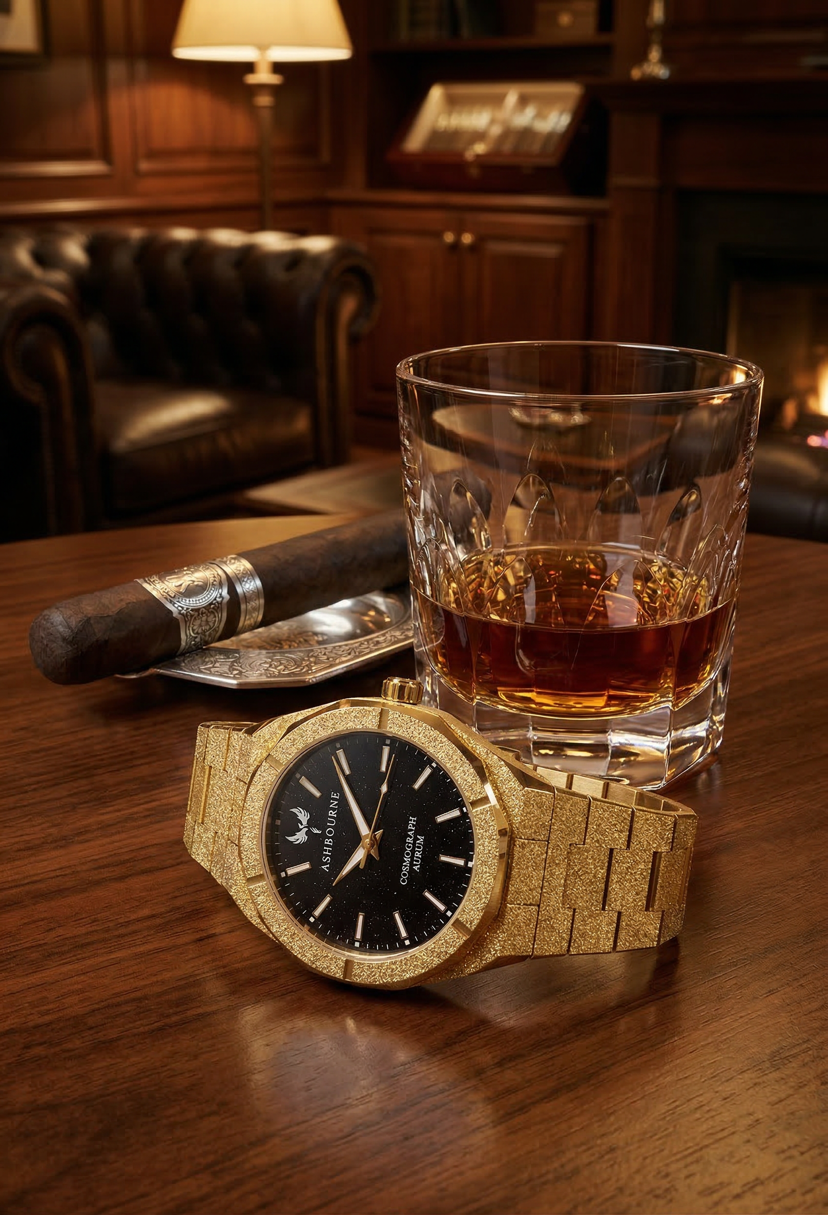 Ashbourne Aurum gouden herenhorloge in een klassieke heritage omgeving.