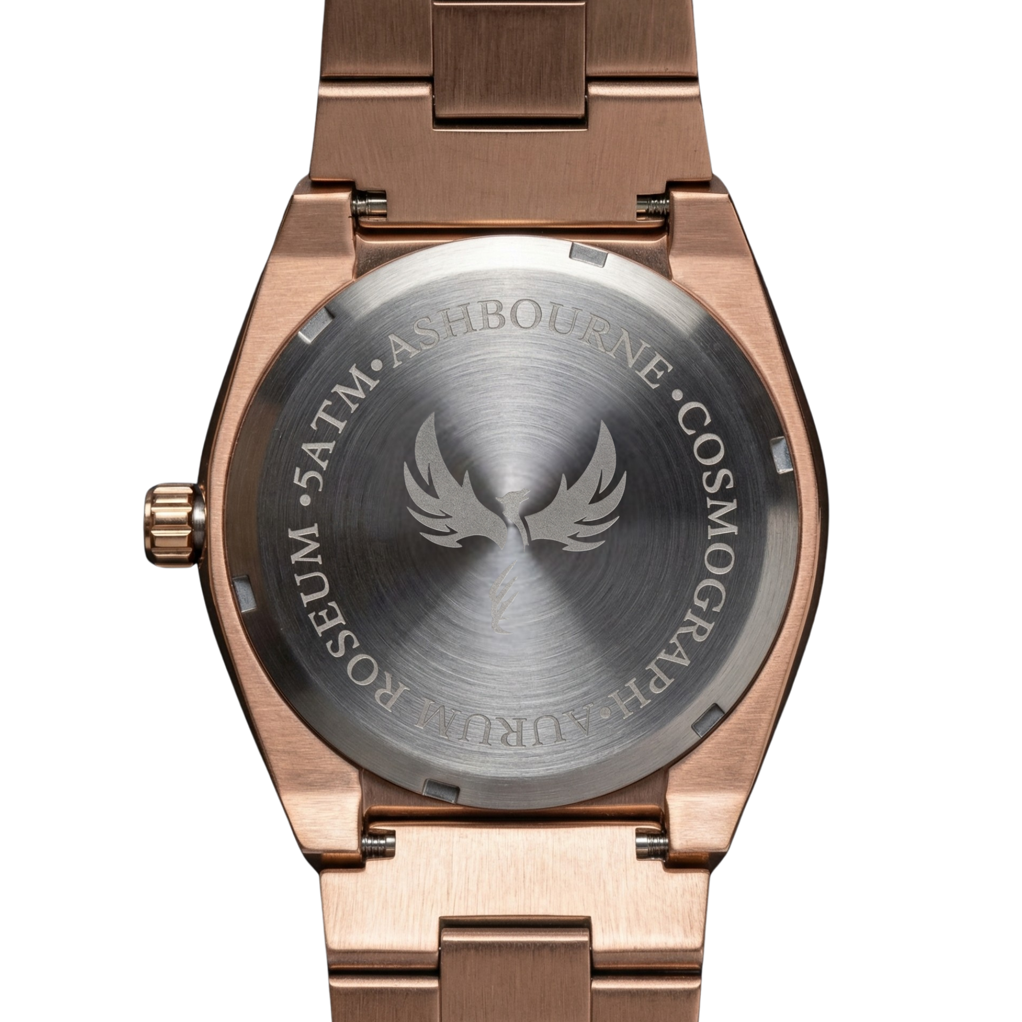 Achterzijde van het Ashbourne Aurum Roseum  met gravure van het Ashbourne-logo en de modelnaam.