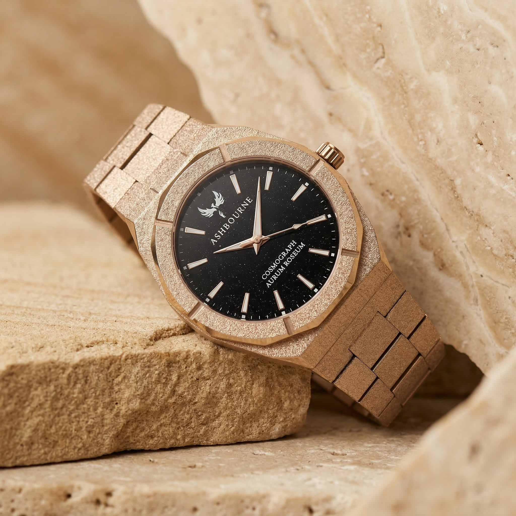Ashbourne Aurum Roseum roségouden herenhorloge in een stijlvolle limestone setting.