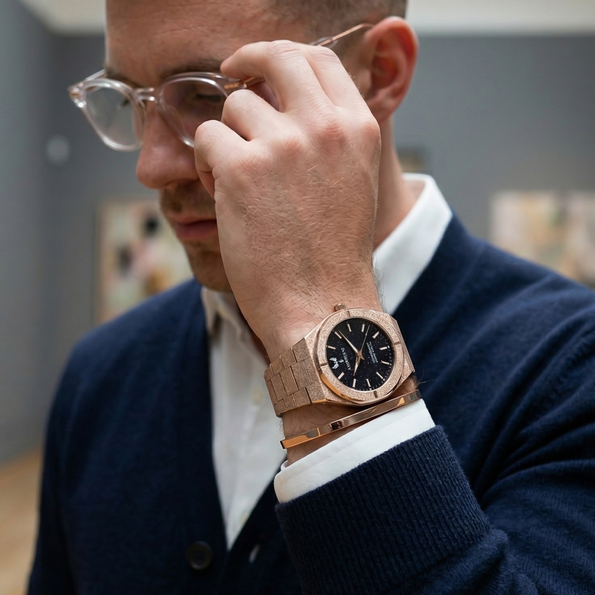 Ashbourne Aurum Roseum luxe roségouden herenhorloge gedragen om de pols.