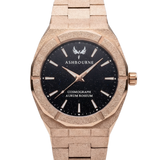 Ashbourne Aurum Roseum herenhorloge vooraanzicht met blauwe stardust wijzerplaat en rosegouden schakelband.