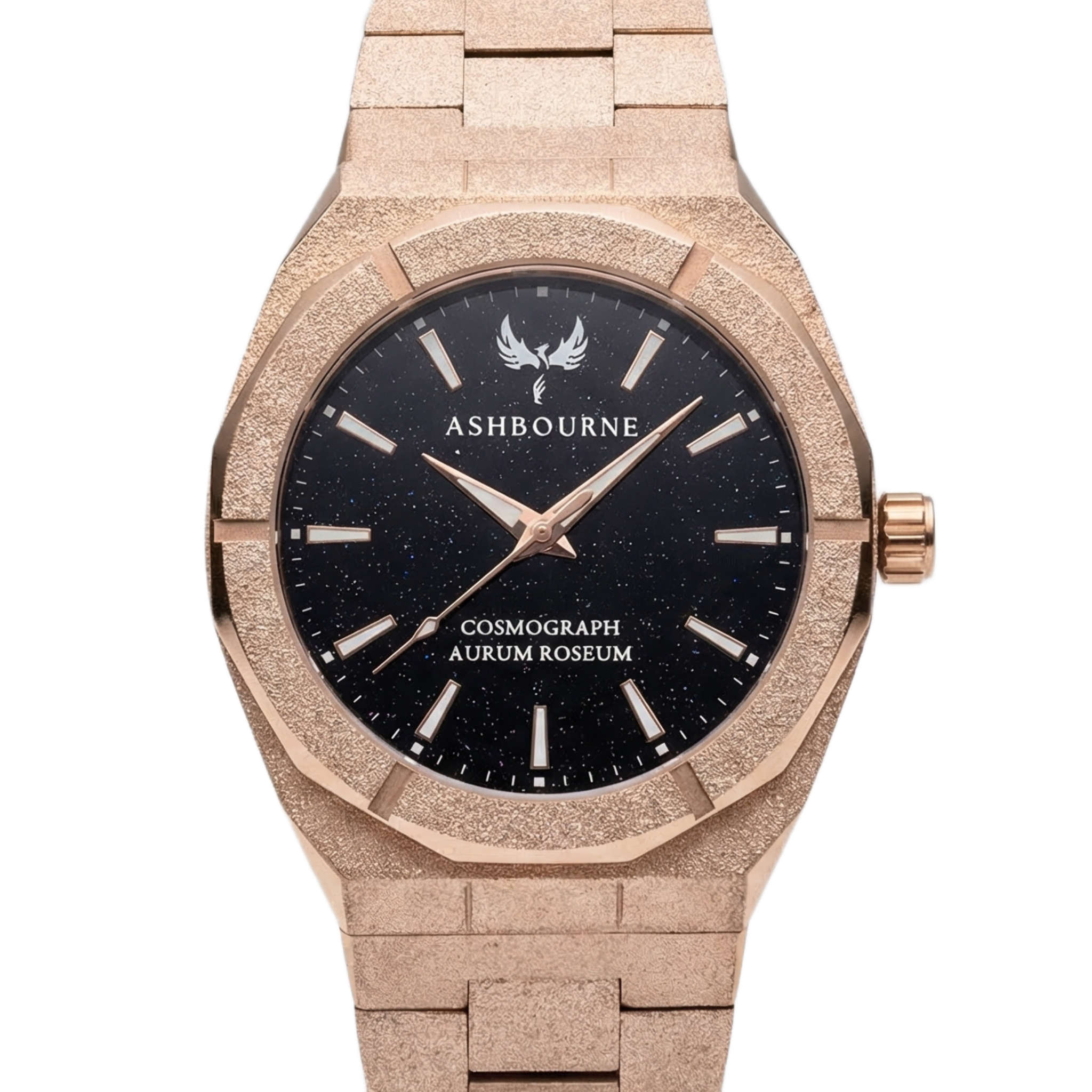 Ashbourne Aurum Roseum herenhorloge vooraanzicht met blauwe stardust wijzerplaat en rosegouden schakelband.