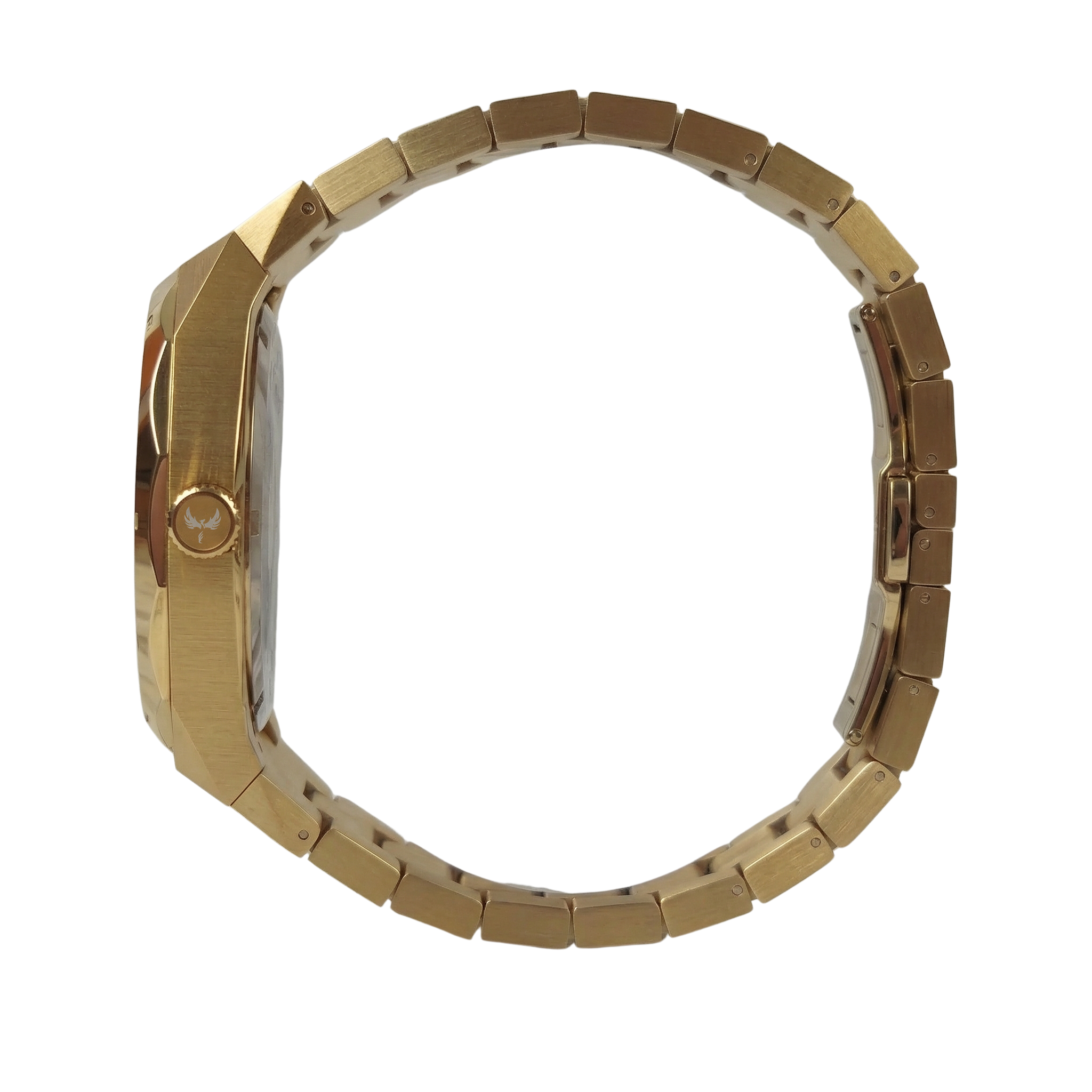 Zijaanzicht van het Ashbourne Cosmograph Aurum gouden herenhorloge met gegraveerd Ashbourne-logo op de kroon.