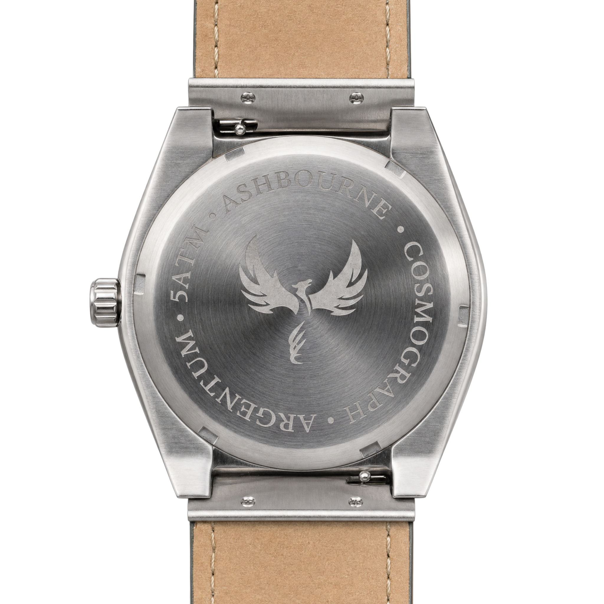 Achterzijde van het Ashbourne Corium Argentum herenhorloge met gravure van het Ashbourne-logo en de modelnaam.