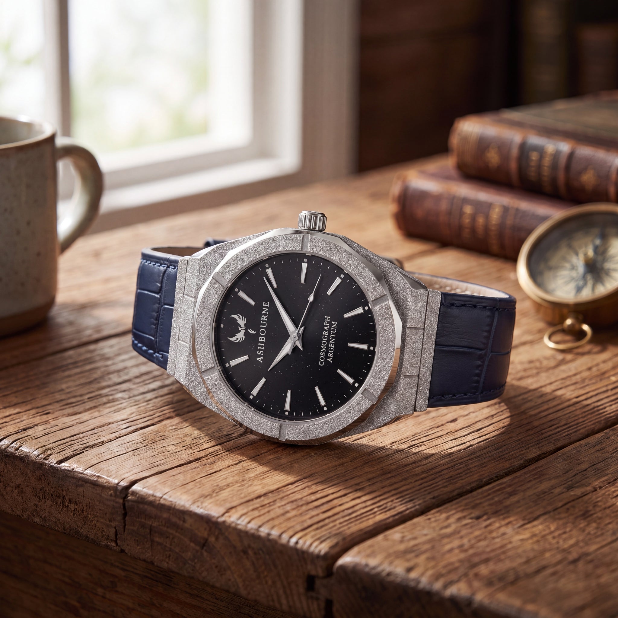 Ashbourne Corium Argentum zilveren herenhorloge met blauwe lederen gesband.