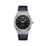 Ashbourne Corium Argentum luxe zilveren herenhorloge met Deep Blue Stardust wijzerplaat, vooraanzicht.