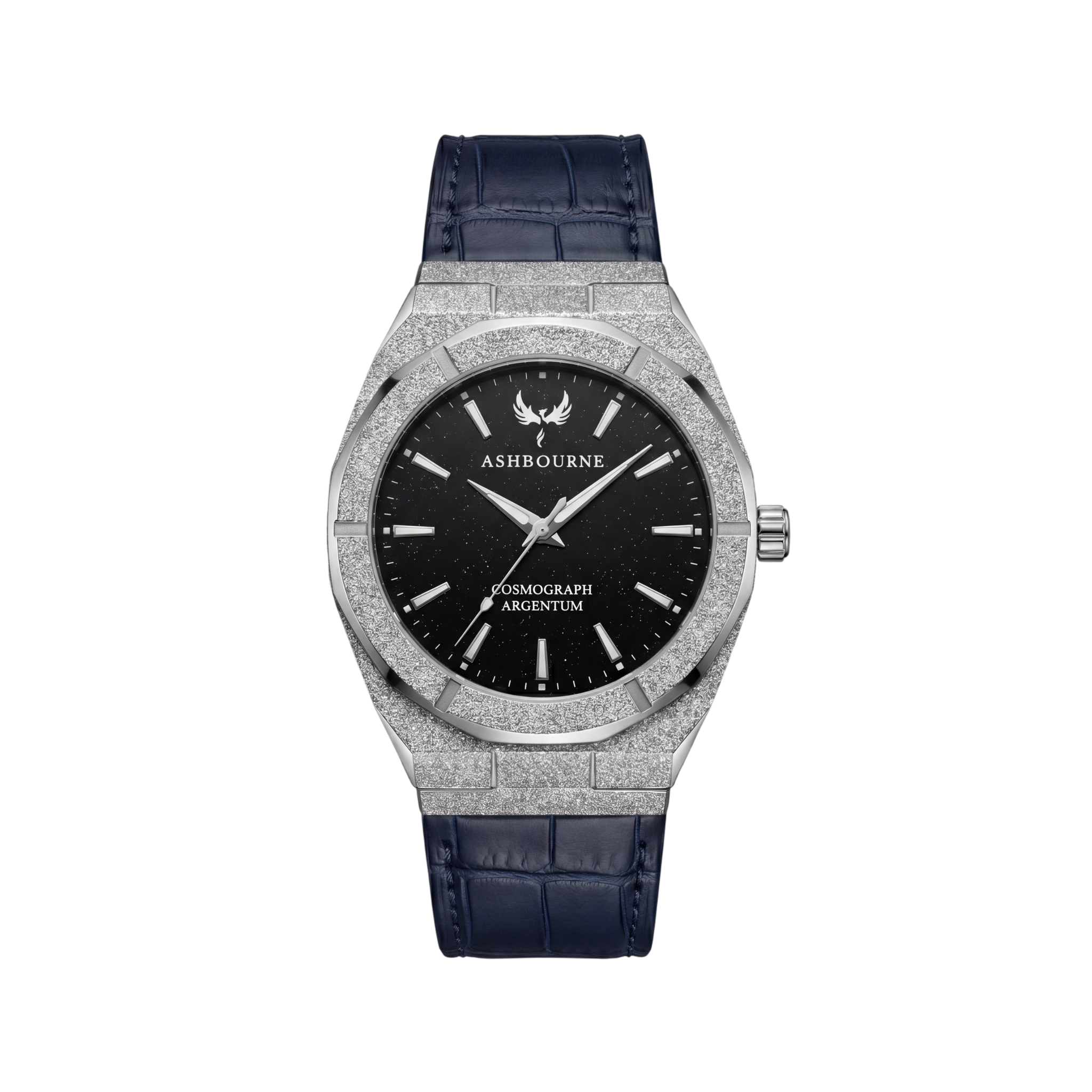 Ashbourne Corium Argentum luxe zilveren herenhorloge met Deep Blue Stardust wijzerplaat, vooraanzicht.