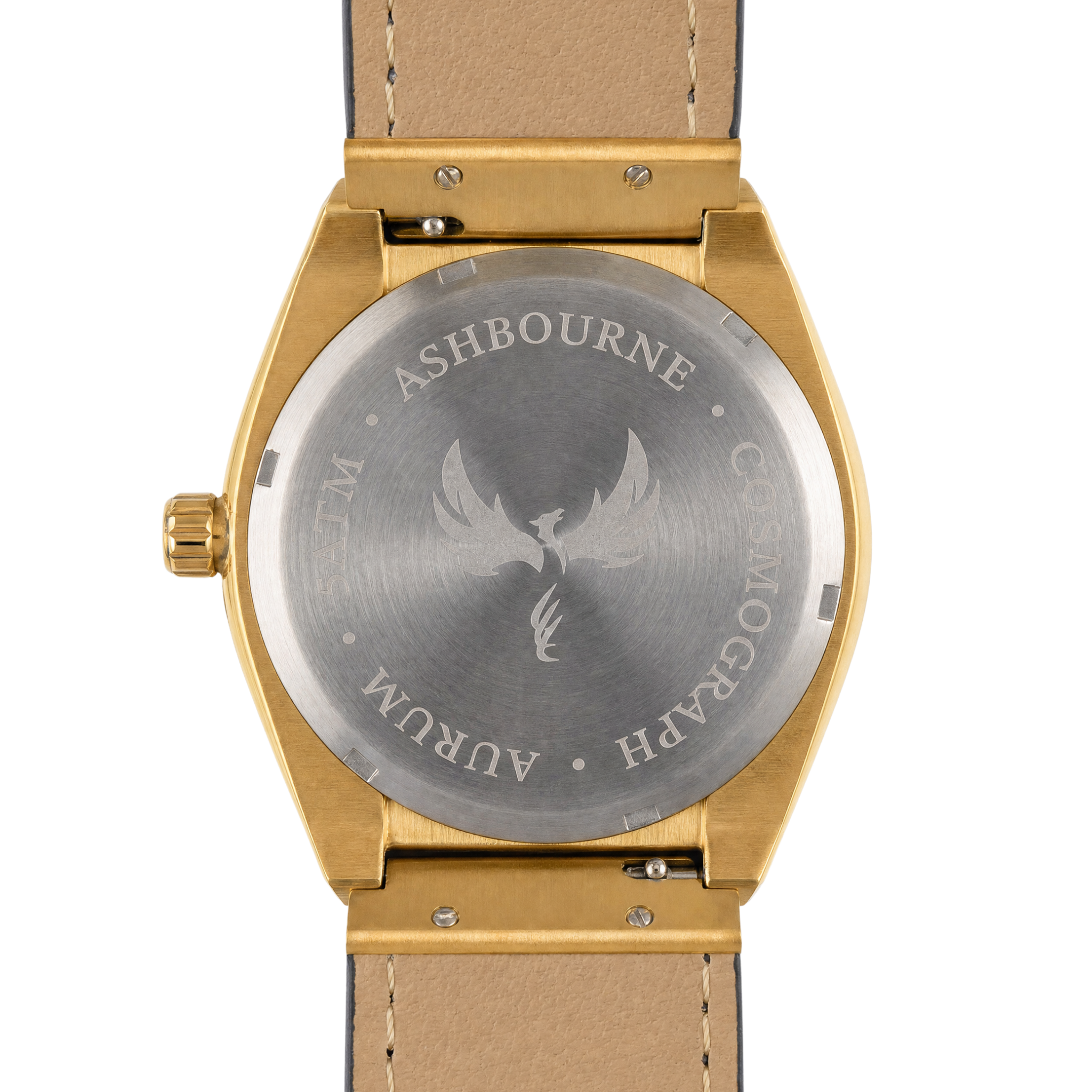 Achterzijde van het Ashbourne Corium Aurum herenhorloge met gravure van het Ashbourne-logo en de modelnaam.