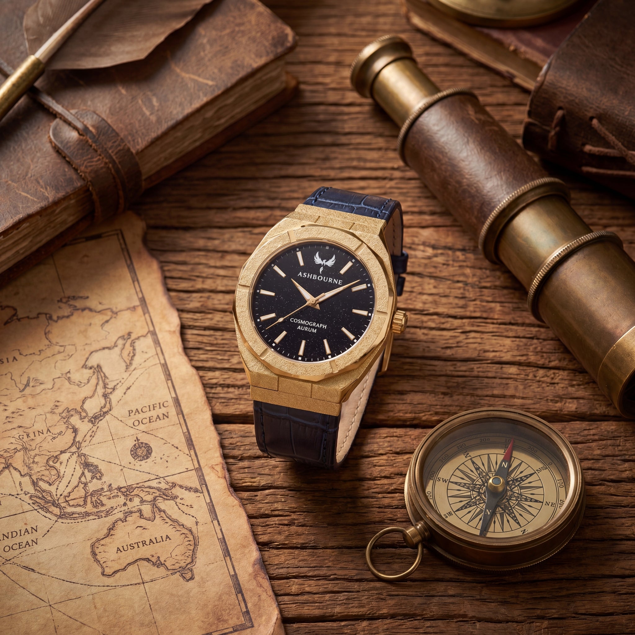 Ashbourne Corium Aurum herenhorloge erg mooie combinatie van goud en blauw leer. 