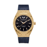 Ashbourne Corium Aurum luxe herenhorloge met Deep Blue Stardust wijzerplaat, vooraanzicht.