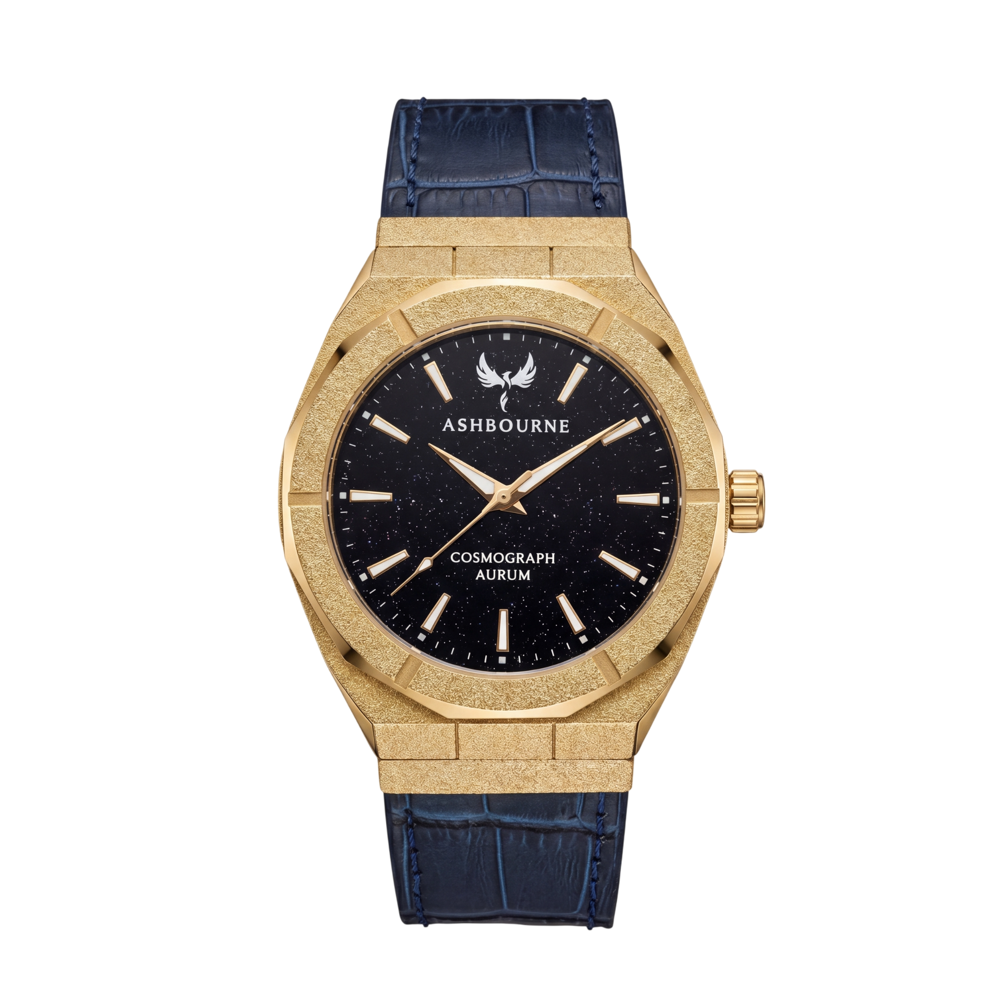 Ashbourne Corium Aurum luxe herenhorloge met Deep Blue Stardust wijzerplaat, vooraanzicht.