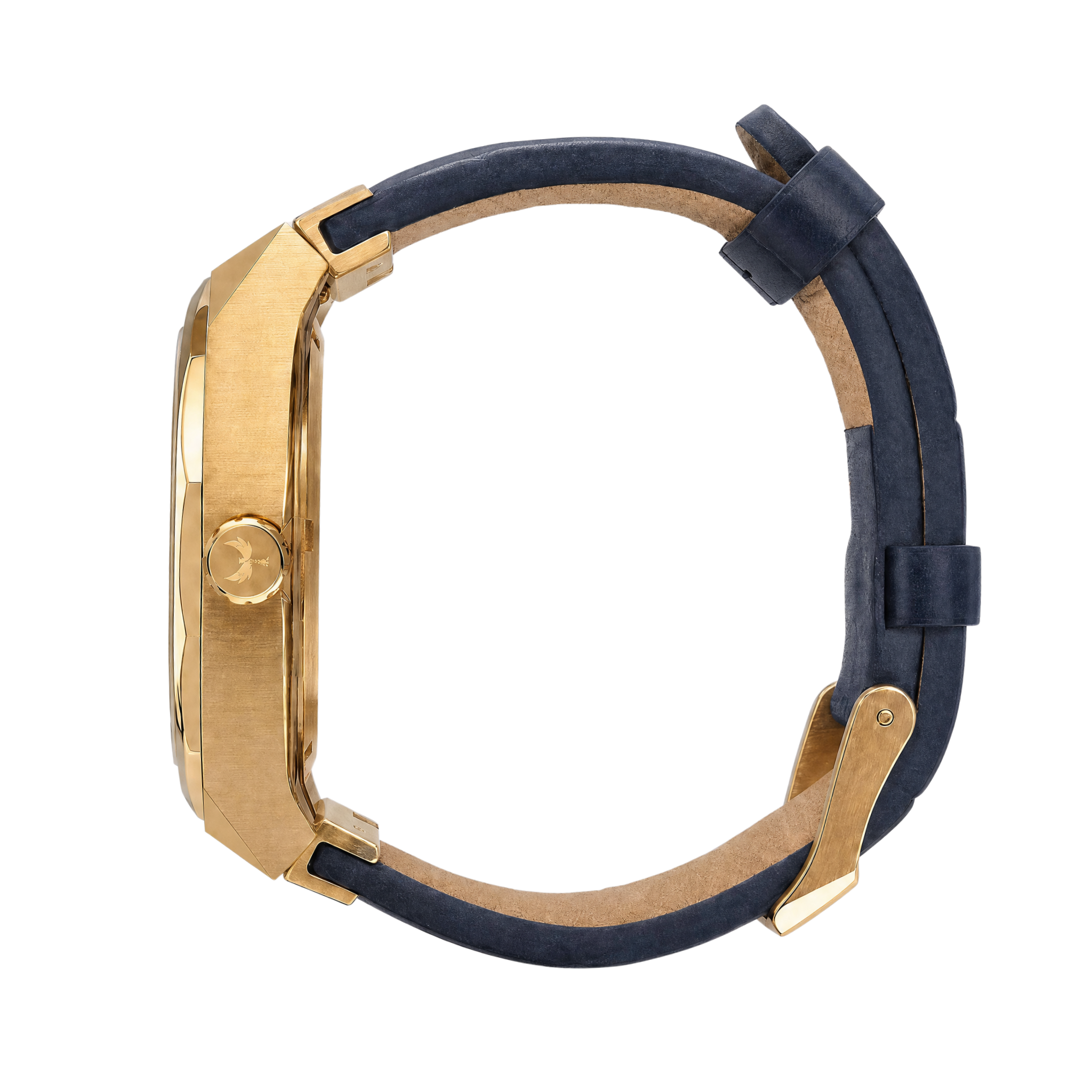 Zijaanzicht van het Ashbourne Corium Aurum gouden herenhorloge met gegraveerd Ashbourne-logo op de kroon