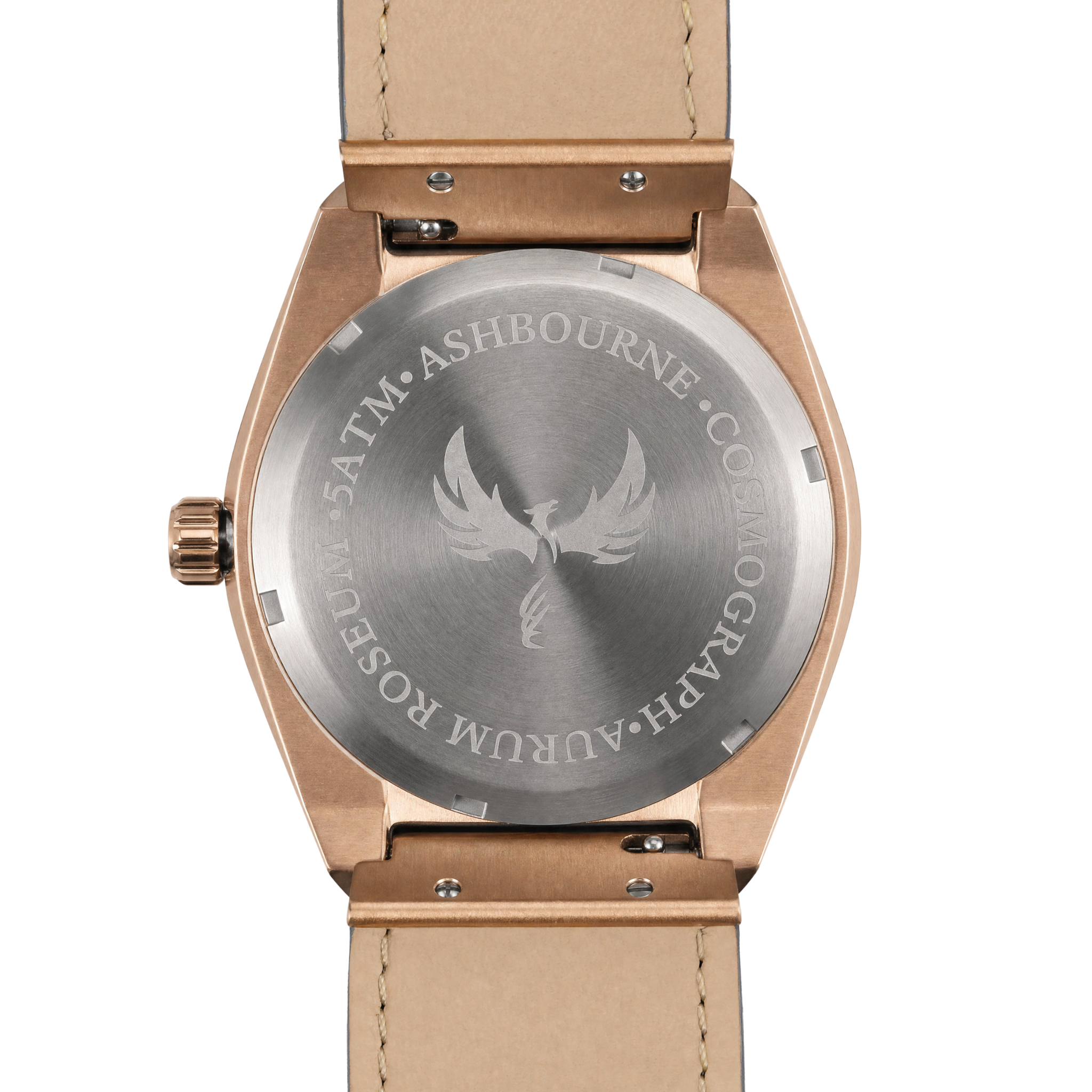 Ashbourne Corium Aurum Roseum achterkant van de kast met gegraveerd logo en modelnaam