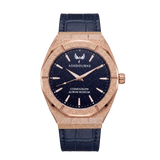 Ashbourne Corium Aurum Roseum herenhorloge vooraanzicht met blauwe stardust wijzerplaat,  rosegouden kast en blauwe lederen gespband.