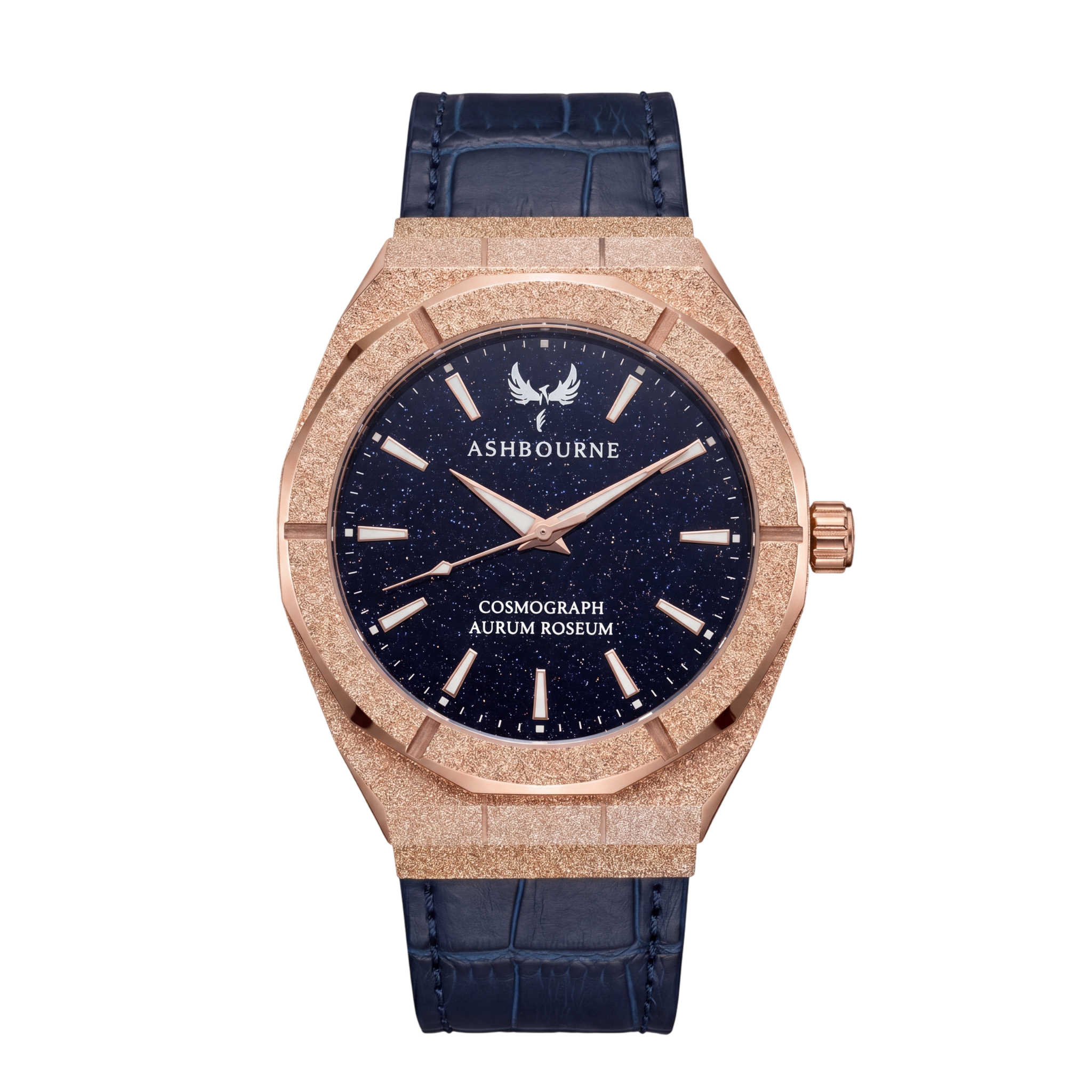 Ashbourne Corium Aurum Roseum herenhorloge vooraanzicht met blauwe stardust wijzerplaat,  rosegouden kast en blauwe lederen gespband.