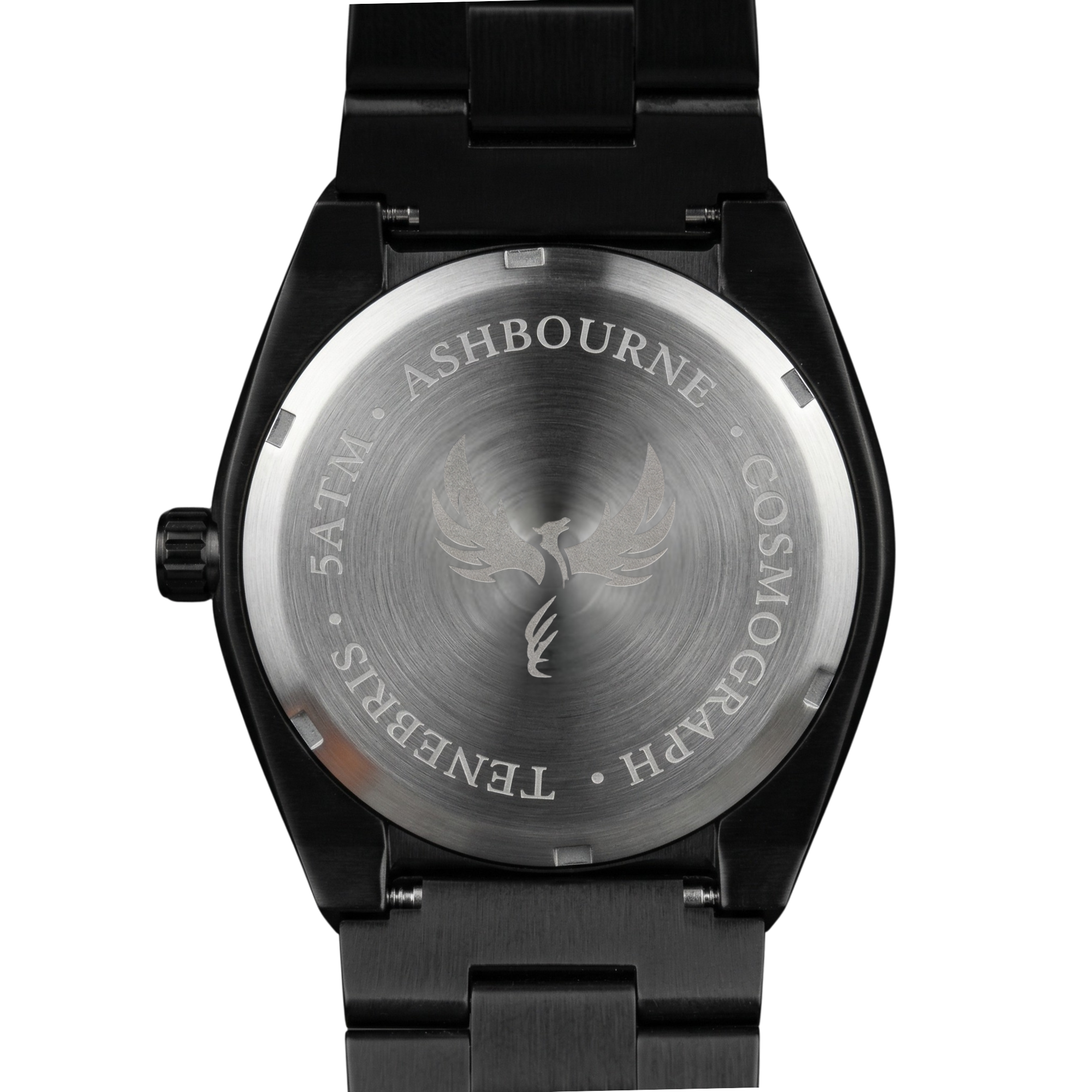 Achterzijde van het Ashbourne Tenebris herenhorloge met gravure van het Ashbourne-logo en de modelnaam.