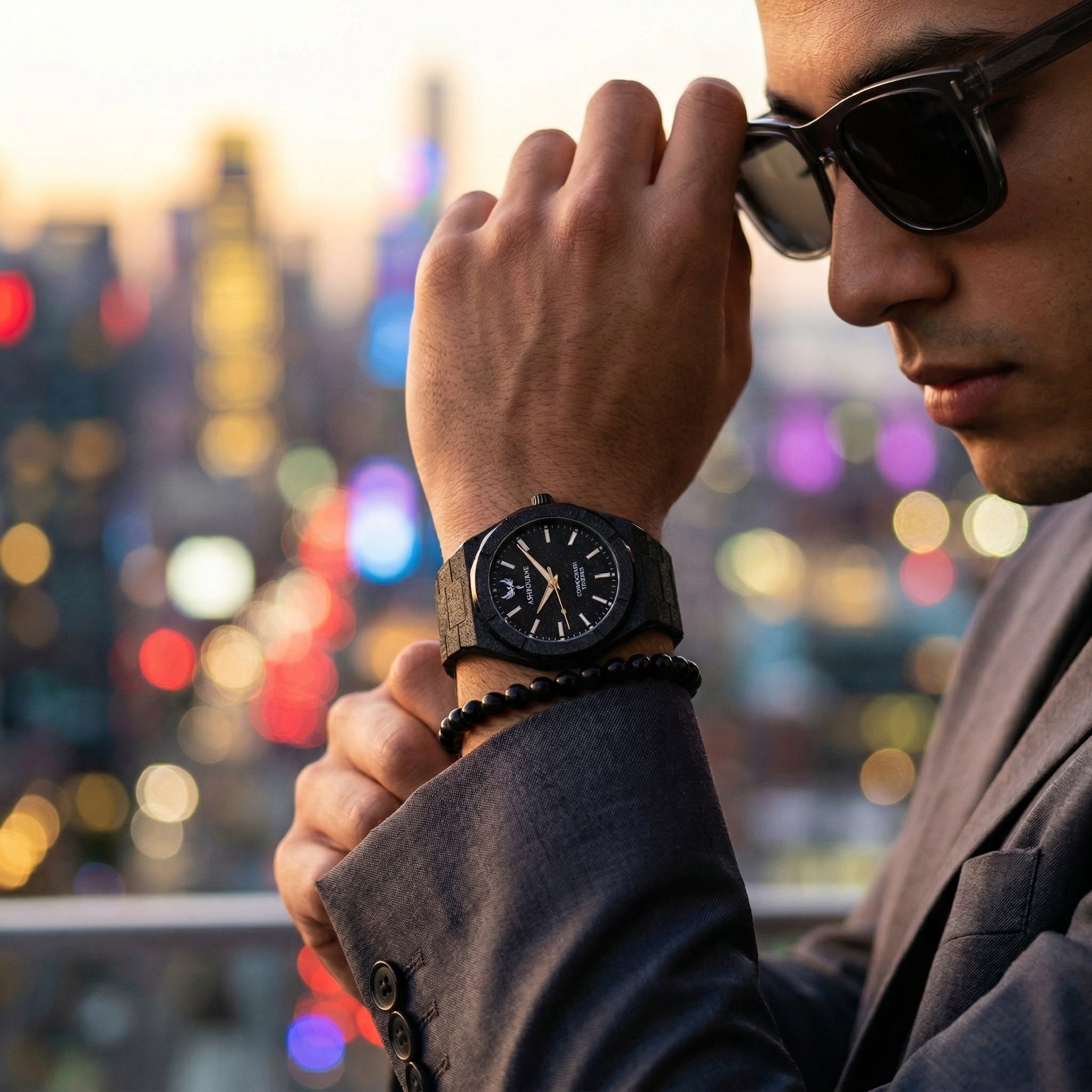 Ashbourne Tenebris luxe zwart herenhorloge gedragen om de pols bij het uitgaan.