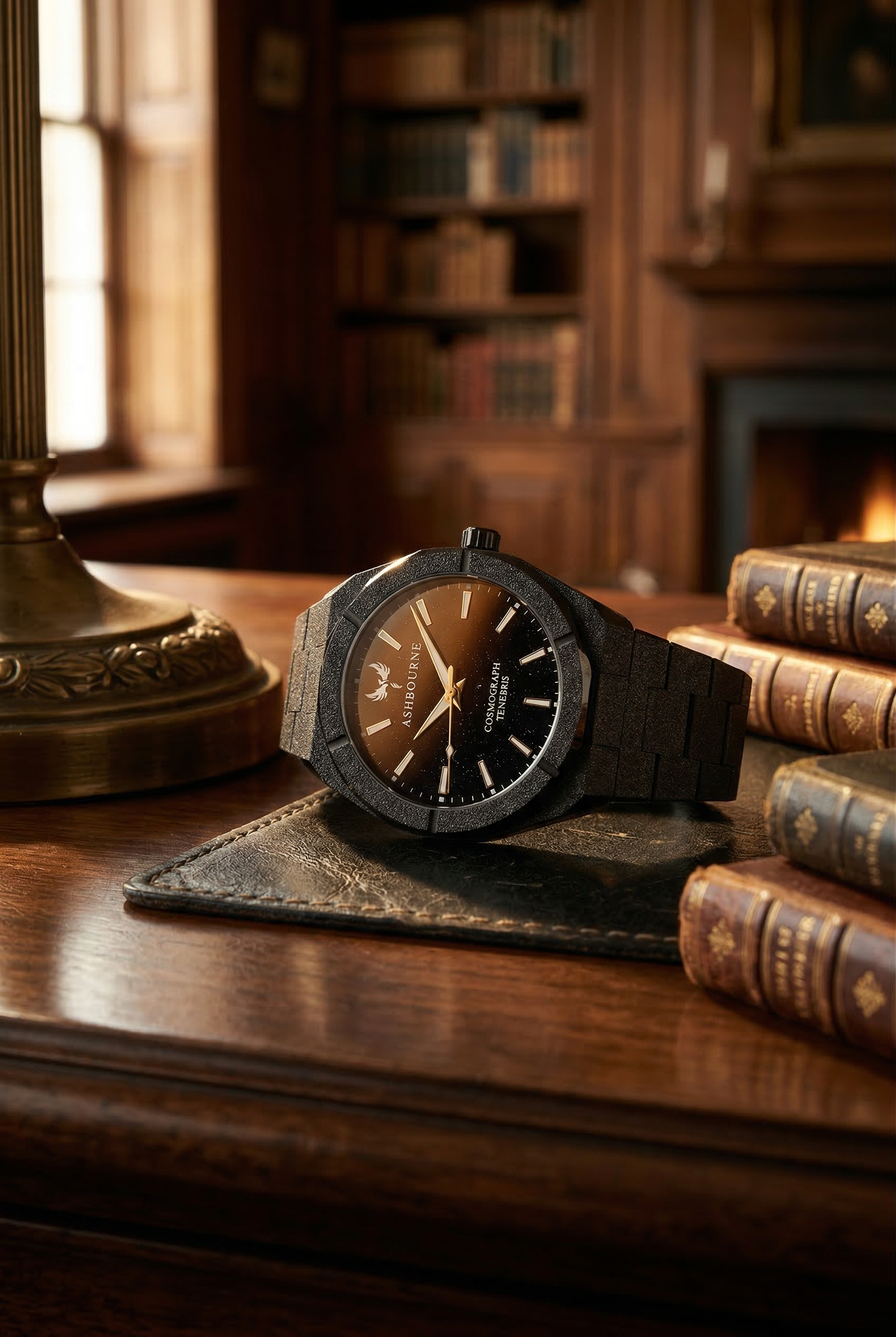 Ashbourne Cosmograph Tenebris zwart herenhorloge in een klassieke heritage setting.