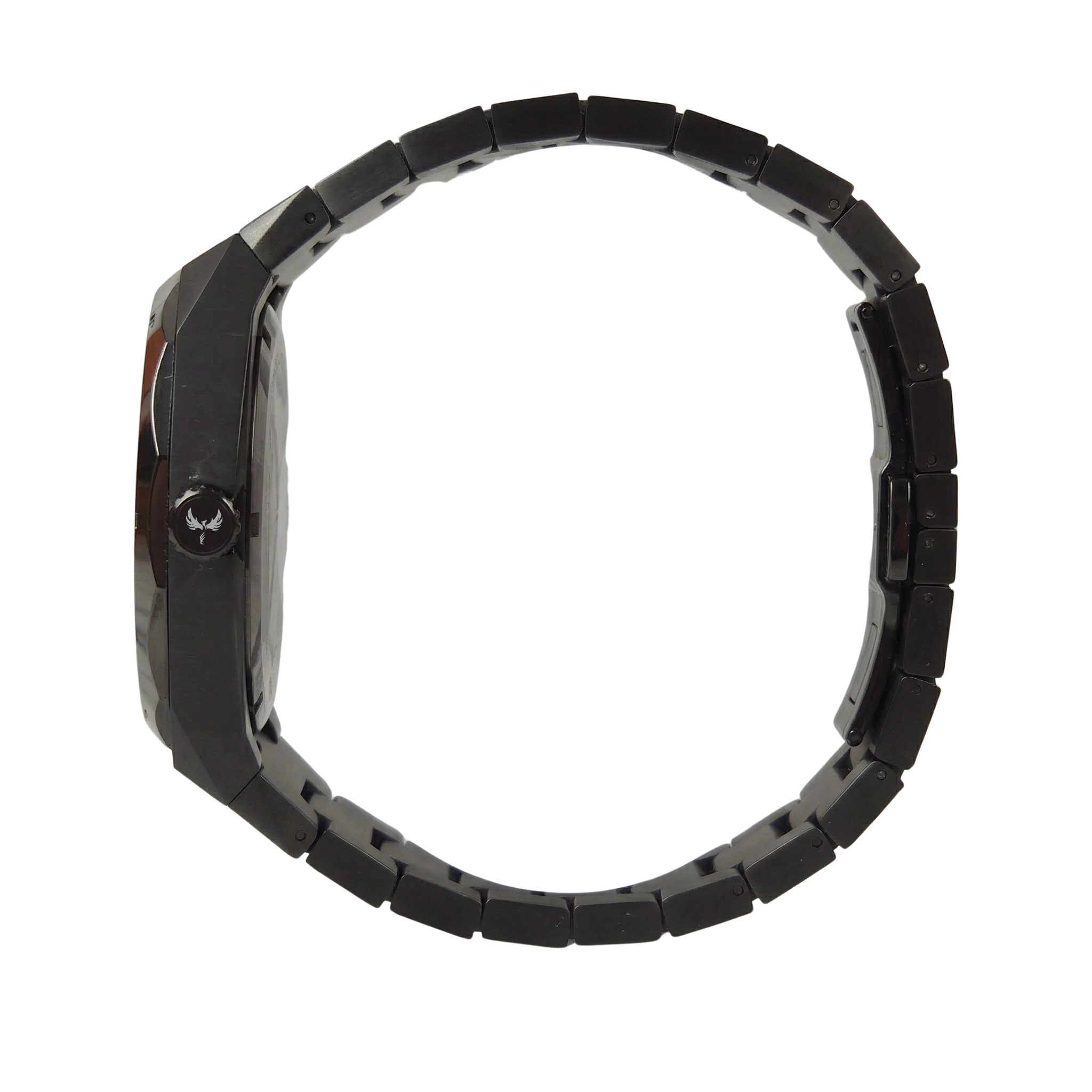 Zijaanzicht van het Ashbourne Tenebris zwarte herenhorloge met gegraveerd Ashbourne-logo op de kroon.