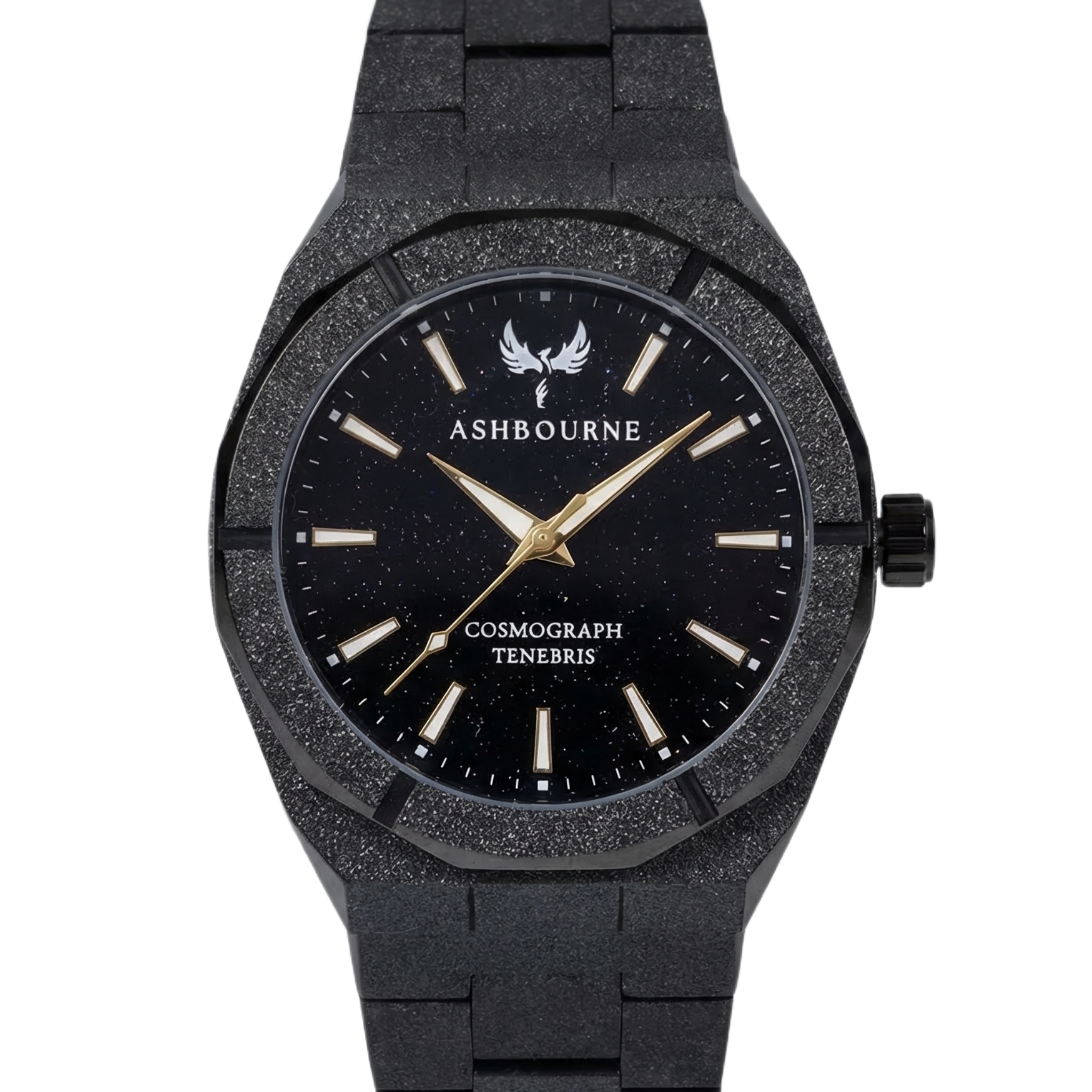 Ashbourne Tenebris zwart herenhorloge in frosted zwarte uitvoering met een deep blue stardust wijzerplaat